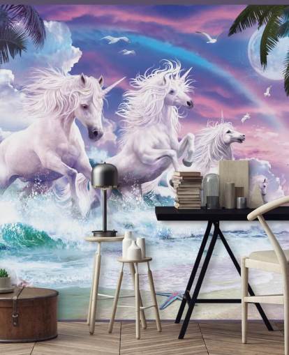 unicorns running from sea in pastel beach setting wallpaper