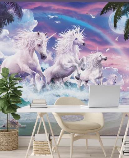 unicornios corriendo desde el mar en fondo de pantalla de playa pastel