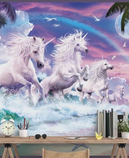 unicorns running from sea in pastel beach setting wallpaper