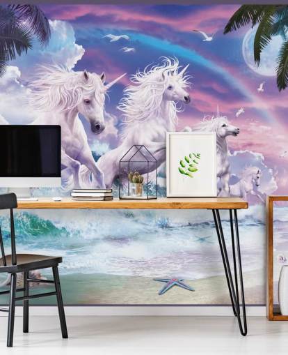 unicorni che corrono dal mare in pastello spiaggia impostazione carta da parati unicorni che corrono dal mare in pastello spiaggia impostazione carta da parati