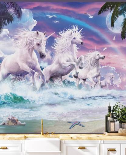 unicorni che corrono dal mare in pastello spiaggia impostazione carta da parati