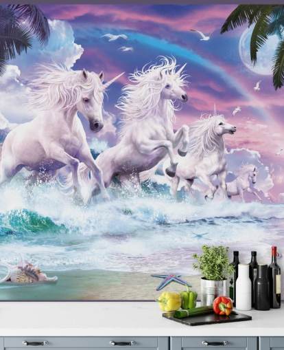 unicorns running from sea in pastel beach setting wallpaper