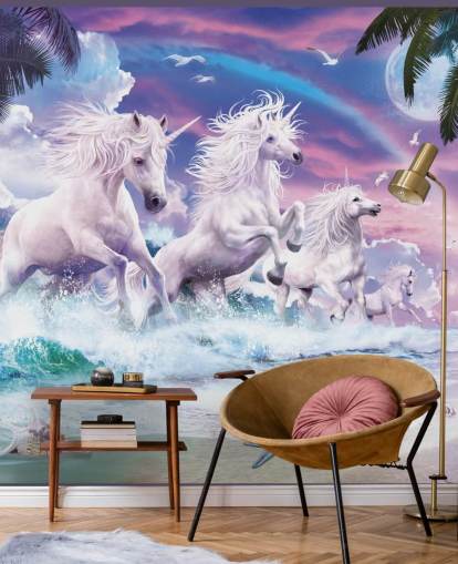 unicorns running from sea in pastel beach setting wallpaper