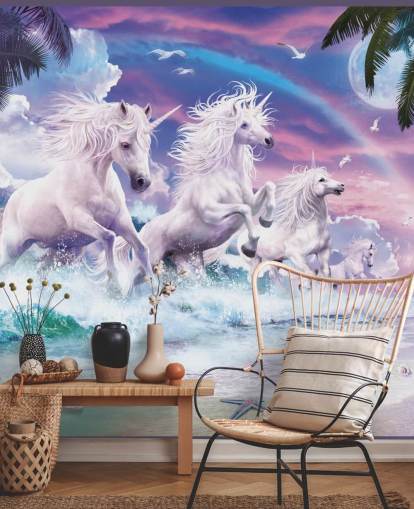 unicornios corriendo desde el mar en fondo de pantalla de playa pastel