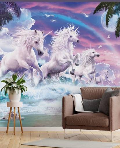 unicorns running from sea in pastel beach setting wallpaper