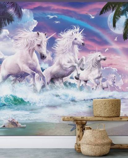 unicorns running from sea in pastel beach setting wallpaper