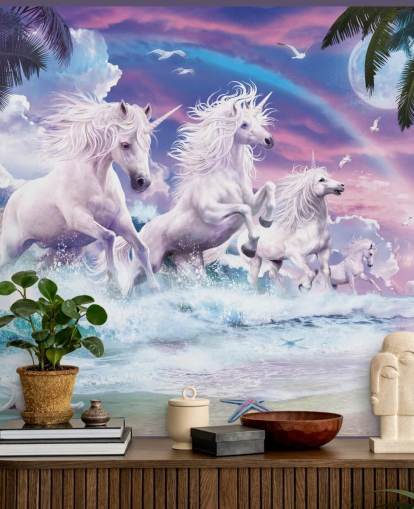 unicorns running from sea in pastel beach setting wallpaper