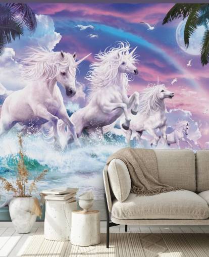 unicorns running from sea in pastel beach setting wallpaper unicorns running from sea in pastel beach setting wallpaper