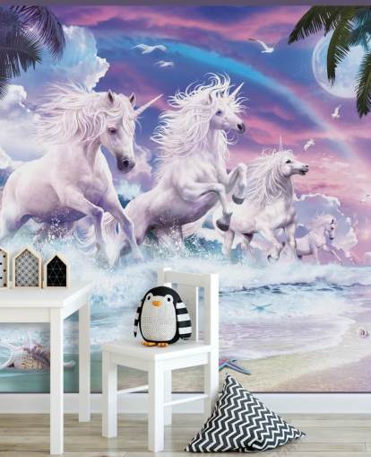 unicorns running from sea in pastel beach setting wallpaper