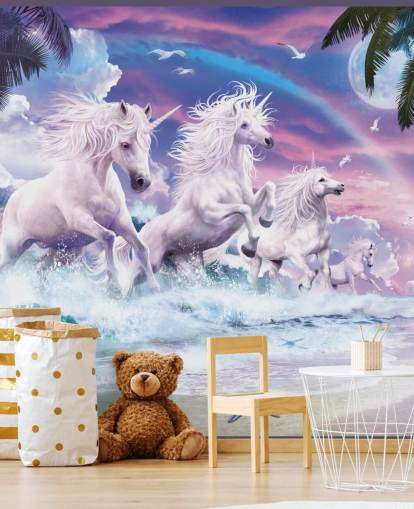 unicorns running from sea in pastel beach setting wallpaper