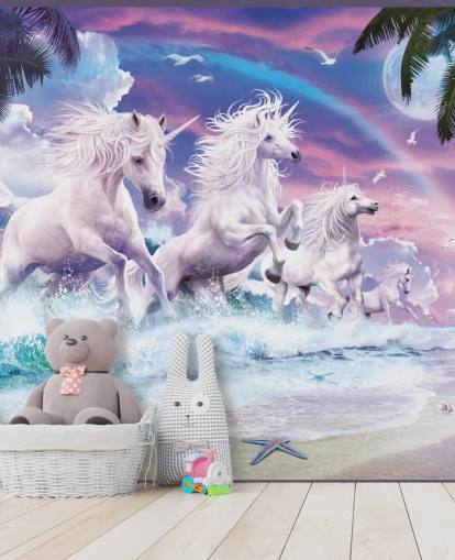 unicorns running from sea in pastel beach setting wallpaper