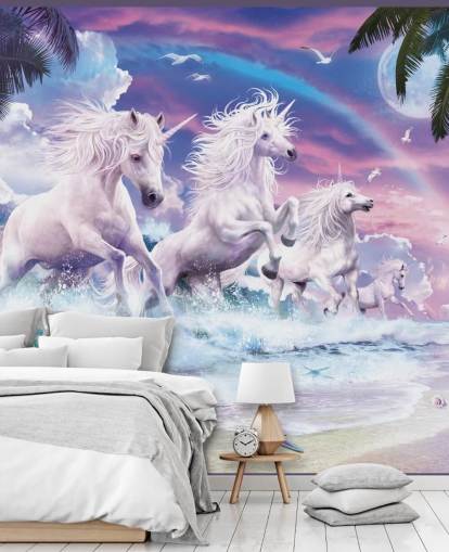 unicorns running from sea in pastel beach setting wallpaper