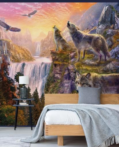illustrated wolves on cliff edge wallpaper