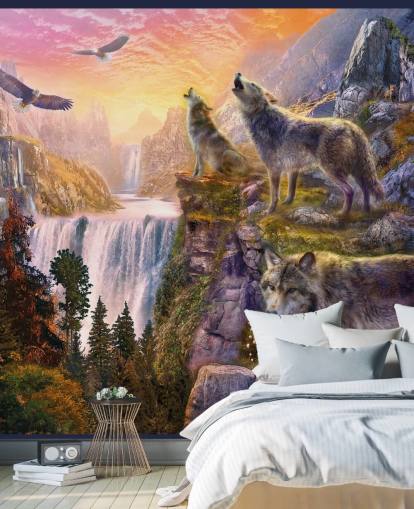 illustrated wolves on cliff edge wallpaper