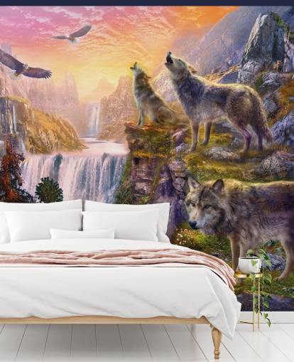 illustrated wolves on cliff edge wallpaper