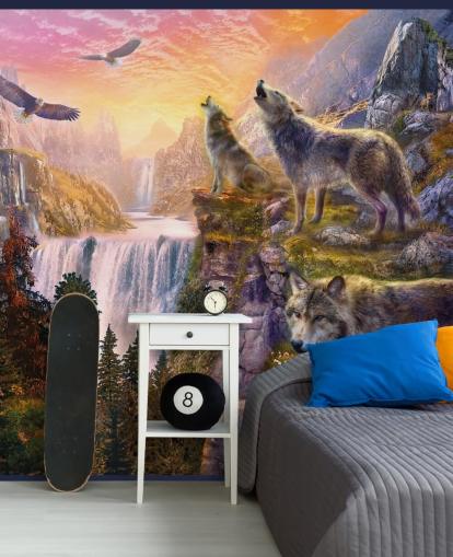 illustrated wolves on cliff edge wallpaper