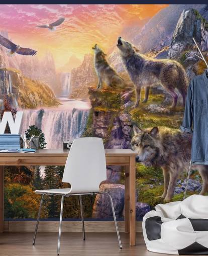 illustrated wolves on cliff edge wallpaper