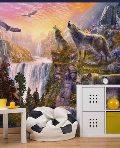 lobos ilustrados na borda do penhasco wallpaper