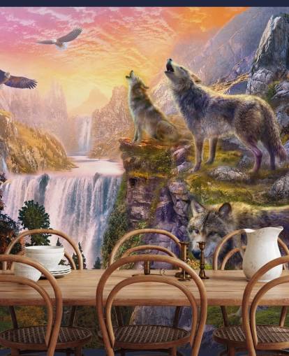 illustrated wolves on cliff edge wallpaper