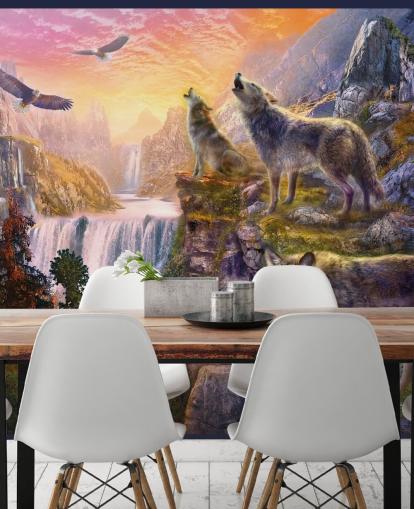illustrated wolves on cliff edge wallpaper