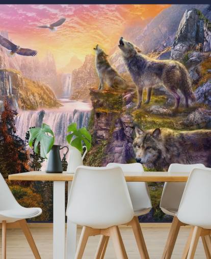 illustrated wolves on cliff edge wallpaper