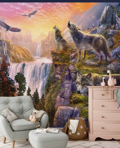 lobos ilustrados en el borde del acantilado fondo