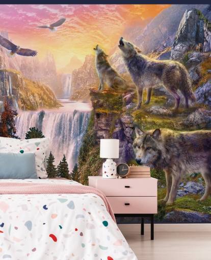 illustrated wolves on cliff edge wallpaper illustrated wolves on cliff edge wallpaper