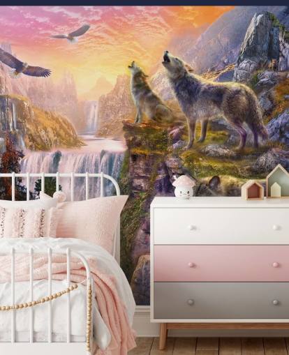 illustrierte Wölfe auf Klippenkante Tapete