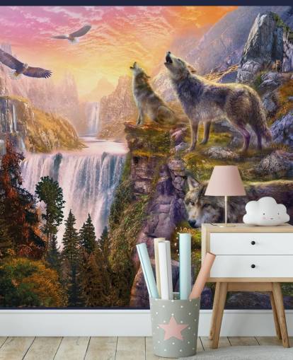 illustrated wolves on cliff edge wallpaper illustrated wolves on cliff edge wallpaper