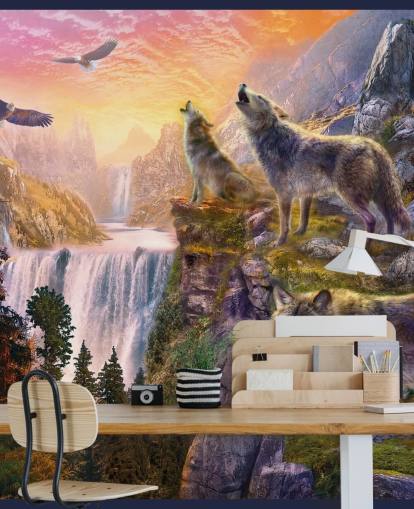 illustrated wolves on cliff edge wallpaper