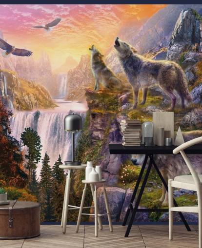 illustrated wolves on cliff edge wallpaper illustrated wolves on cliff edge wallpaper