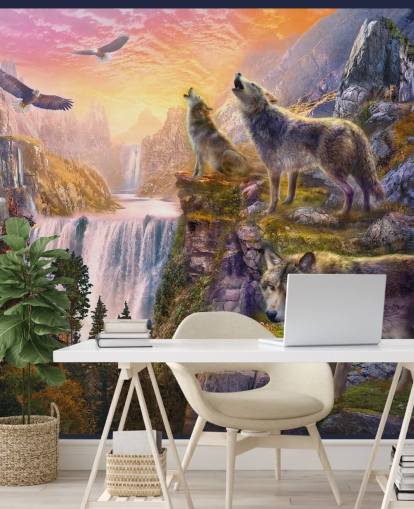 illustrated wolves on cliff edge wallpaper illustrated wolves on cliff edge wallpaper