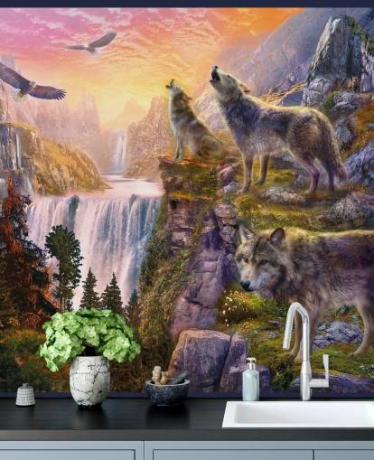 illustrated wolves on cliff edge wallpaper