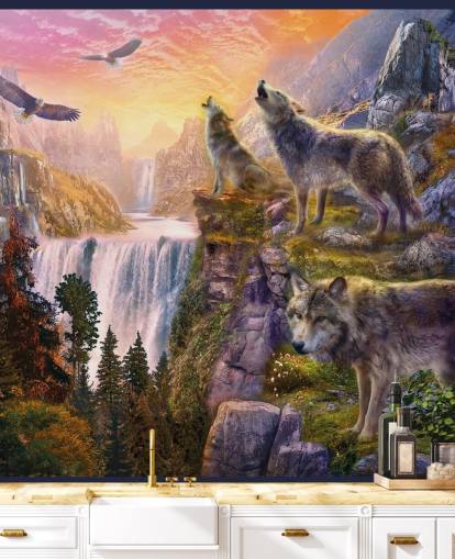 lobos ilustrados en el borde del acantilado fondo