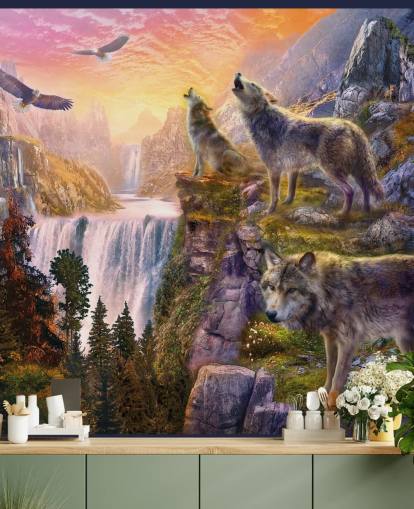 lobos ilustrados en el borde del acantilado fondo