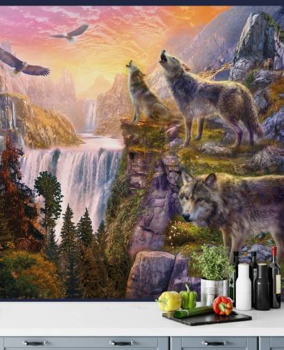 illustrated wolves on cliff edge wallpaper illustrated wolves on cliff edge wallpaper