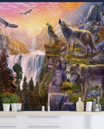 illustrated wolves on cliff edge wallpaper