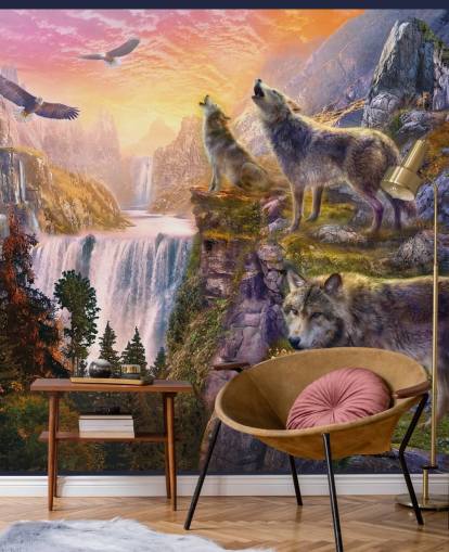 lobos ilustrados en el borde del acantilado fondo