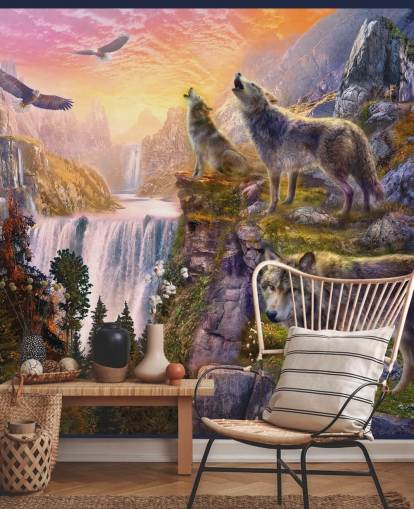 illustrated wolves on cliff edge wallpaper illustrated wolves on cliff edge wallpaper