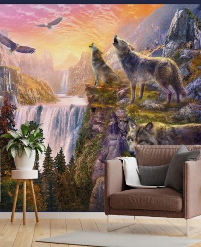 illustrated wolves on cliff edge wallpaper