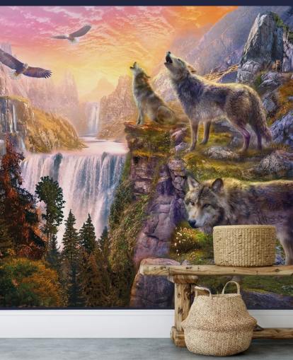 illustrated wolves on cliff edge wallpaper