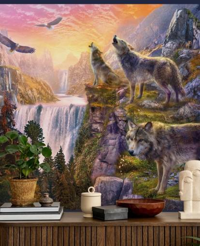 lobos ilustrados en el borde del acantilado fondo