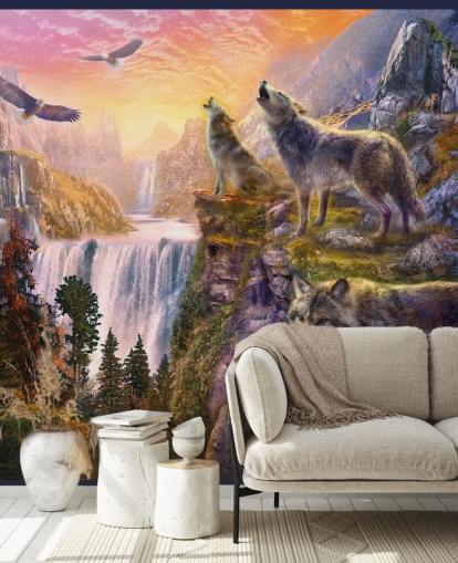 illustrated wolves on cliff edge wallpaper