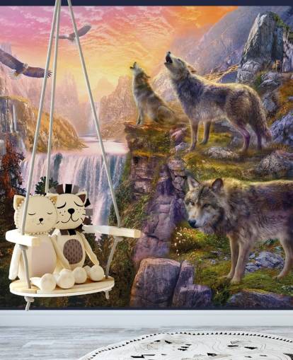 illustrated wolves on cliff edge wallpaper