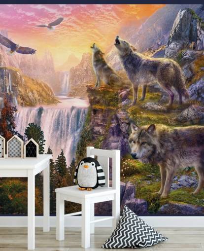 lobos ilustrados na borda do penhasco wallpaper