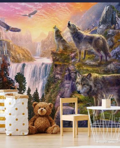 illustrated wolves on cliff edge wallpaper