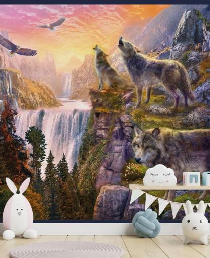 illustrated wolves on cliff edge wallpaper