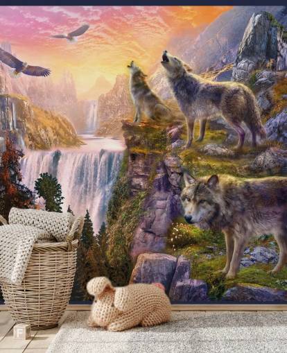 lobos ilustrados en el borde del acantilado fondo