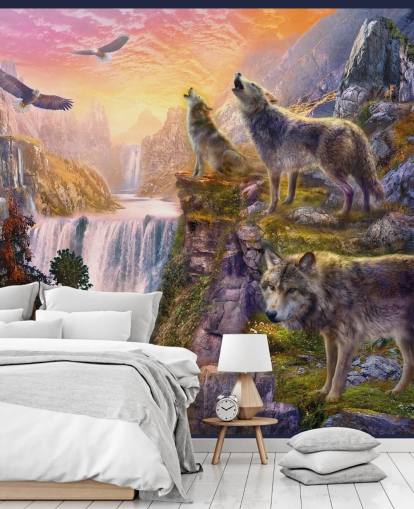 illustrated wolves on cliff edge wallpaper