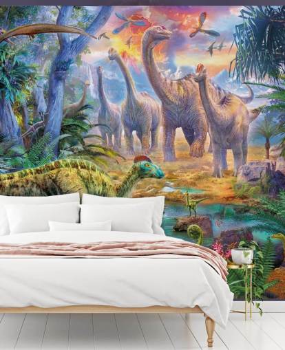 dinosaurios alejándose del fondo de pantalla del volcán